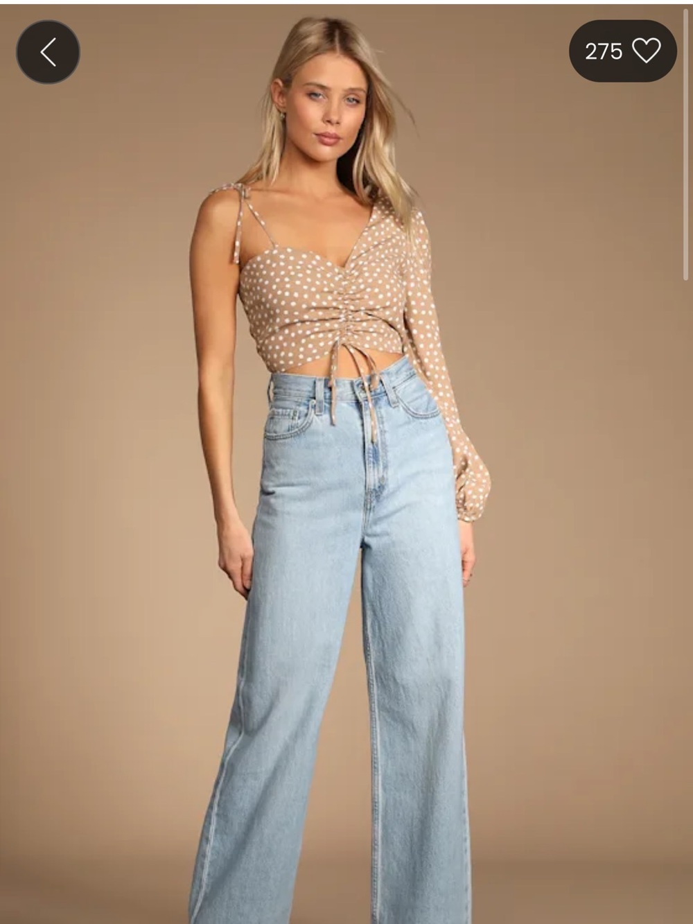 Lulus Polka Dot One-Shoulder Tie-Front Crop Top - Beige